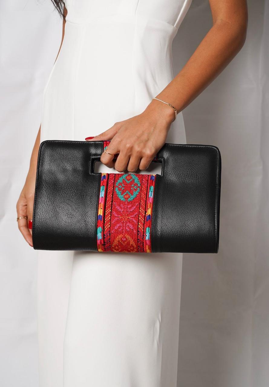 Black Tatreez Top-Handle Clutch