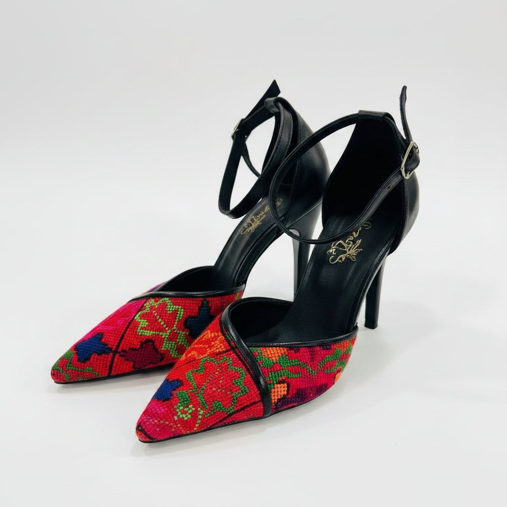 Embroidered Palestinian Stiletto Heels (Pink/Red)