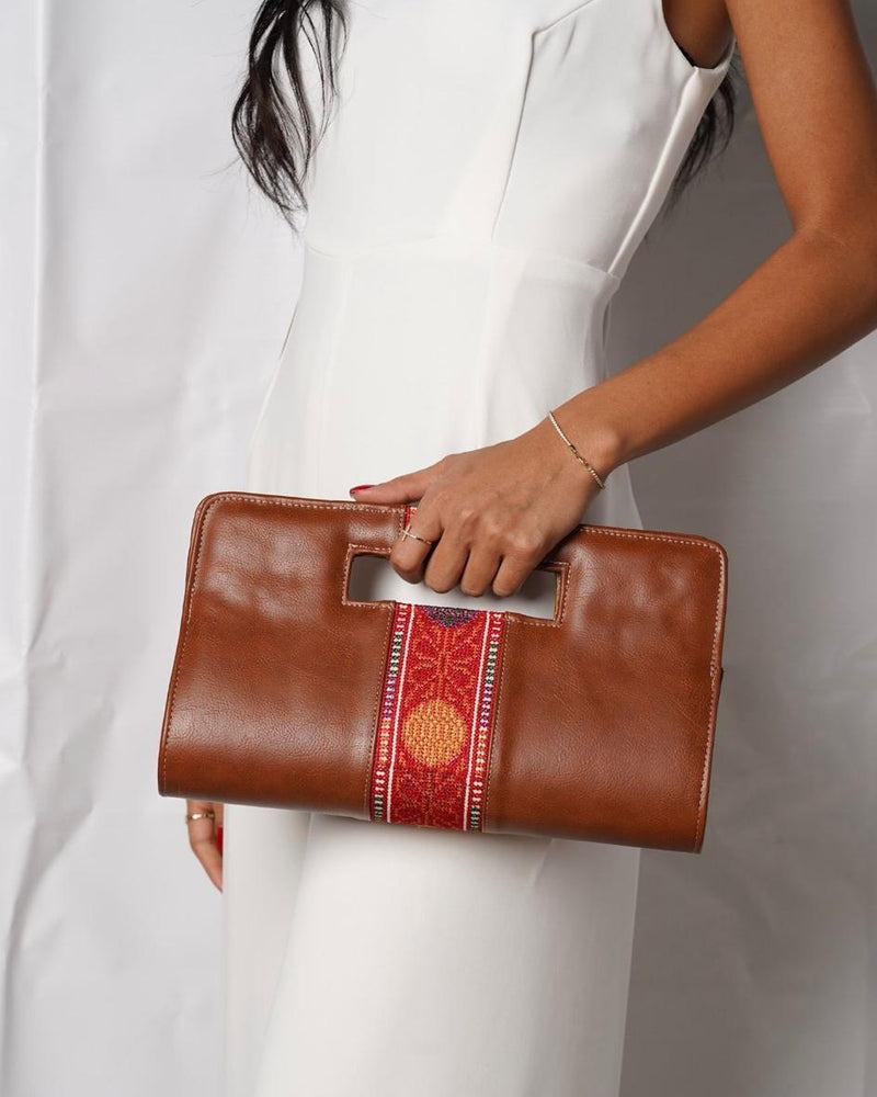 Tan Tatreez Top-Handle Clutch