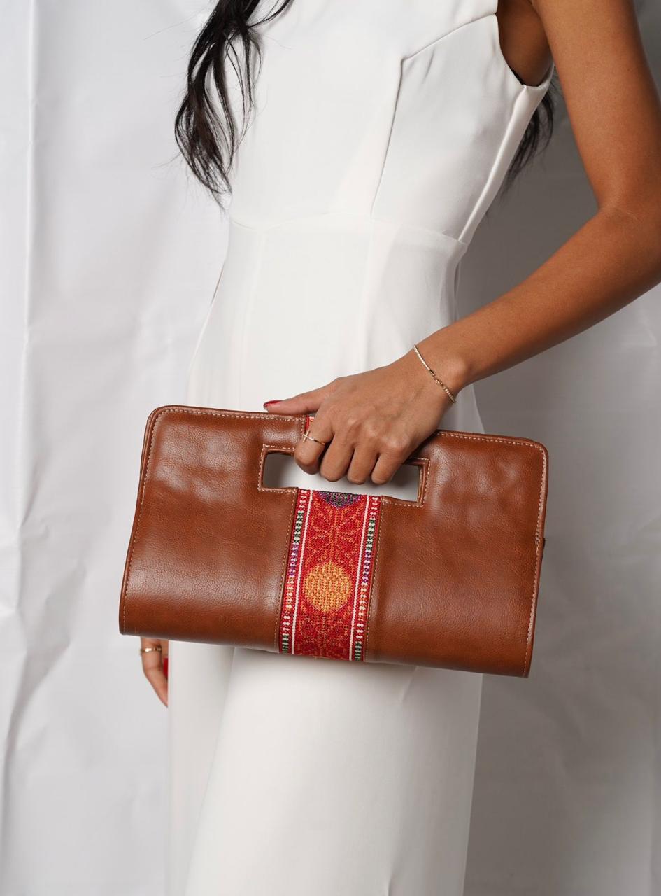 Tan Tatreez Top-Handle Clutch