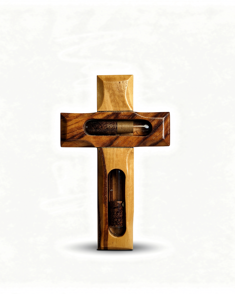 Olivewood Cross with Jerusalem Soil