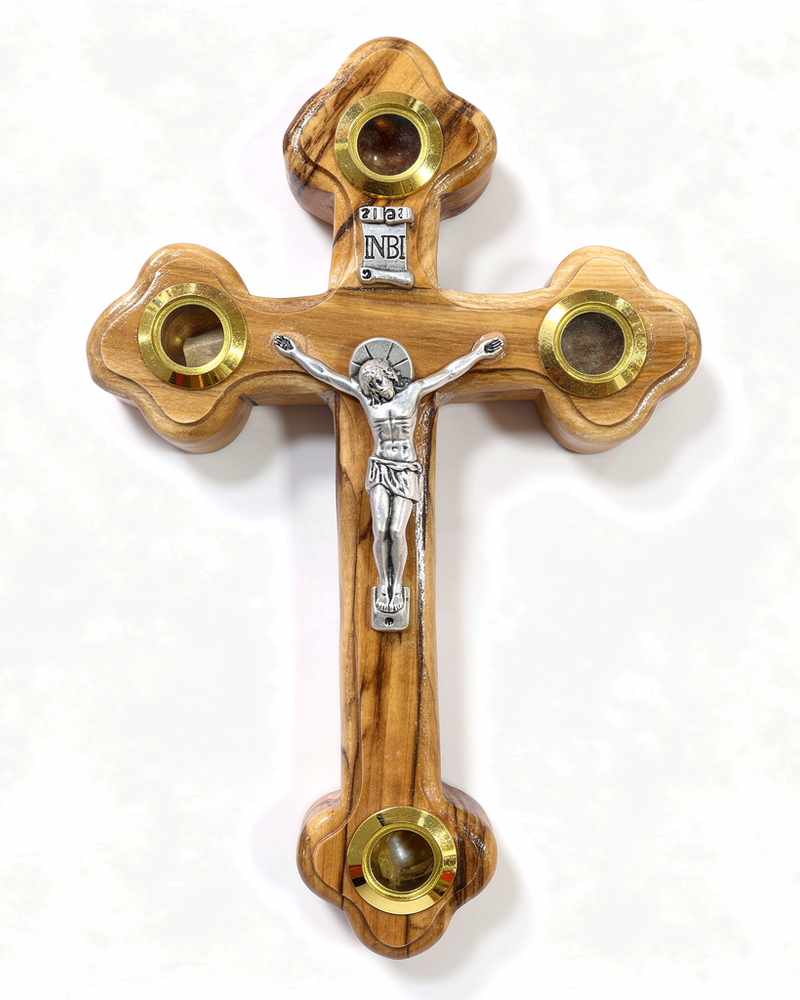 Olivewood Crucifix with Holy Land Soil