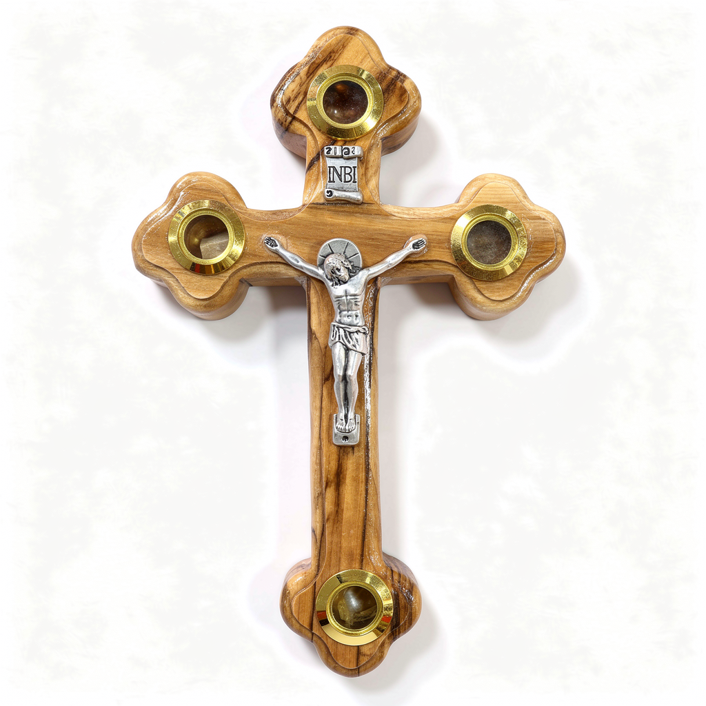Olivewood Crucifix with Holy Land Soil