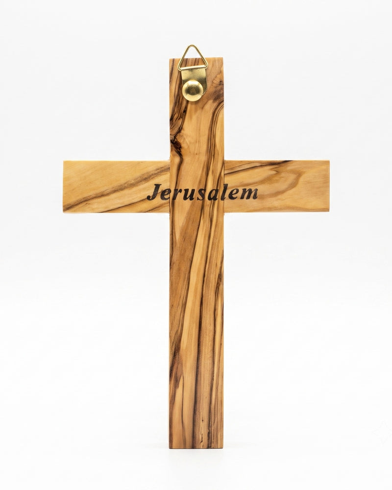 Olivewood Wall Cross – Jerusalem Engraved