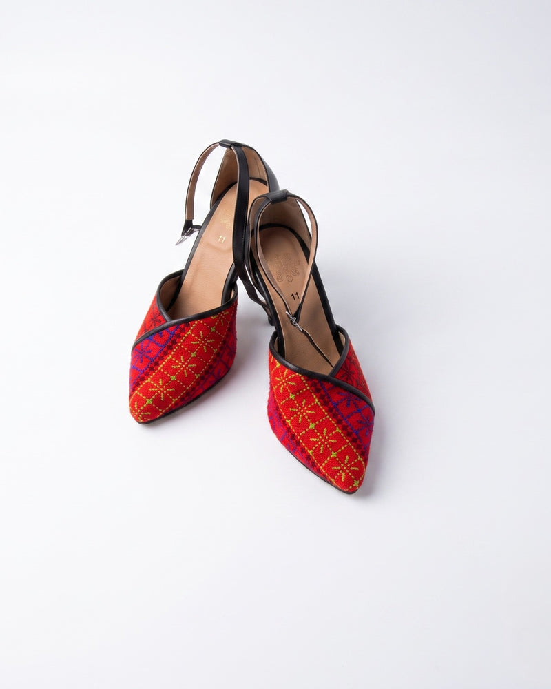 Tatreez Slingback Heels – Red Geometric