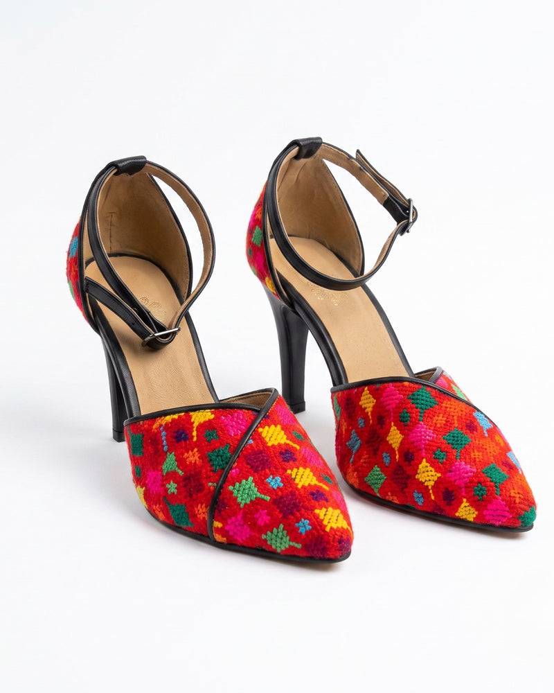 Tatreez Ankle-Strap Heels – Red Multicolor Floral