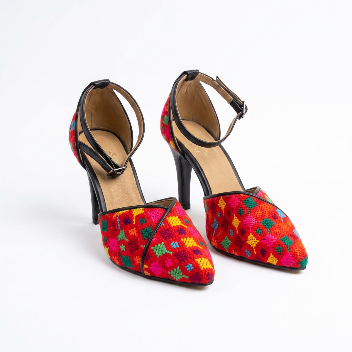 Tatreez Ankle-Strap Heels – Red Multicolor Floral