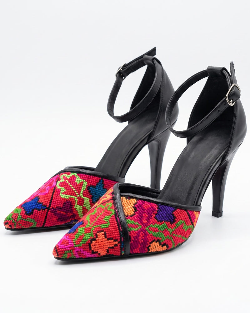 Tatreez Ankle-Strap Heels – Fuchsia Floral