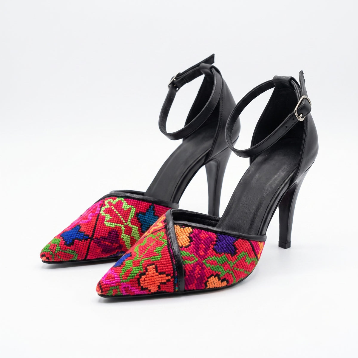 Tatreez Ankle-Strap Heels – Fuchsia Floral