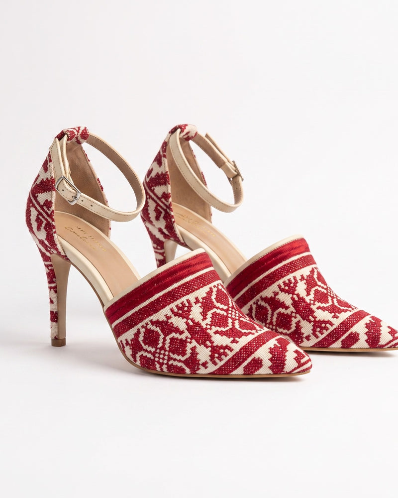 Tatreez Ankle-Strap Heels – Red & Ivory