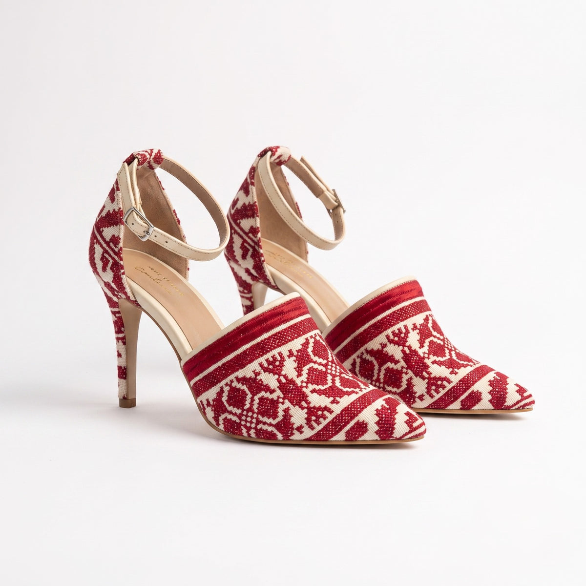 Tatreez Ankle-Strap Heels – Red & Ivory