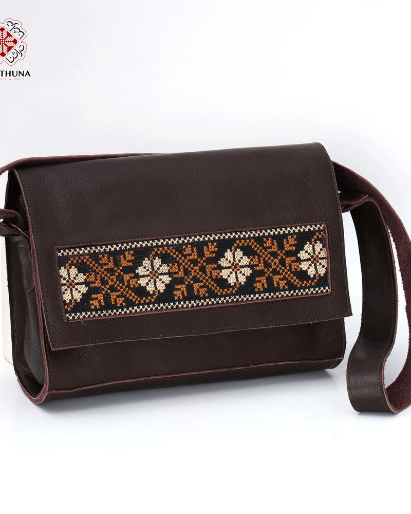 Brown Leather Crossbody Bag with Orange & Cream Floral-Rosette Tatreez