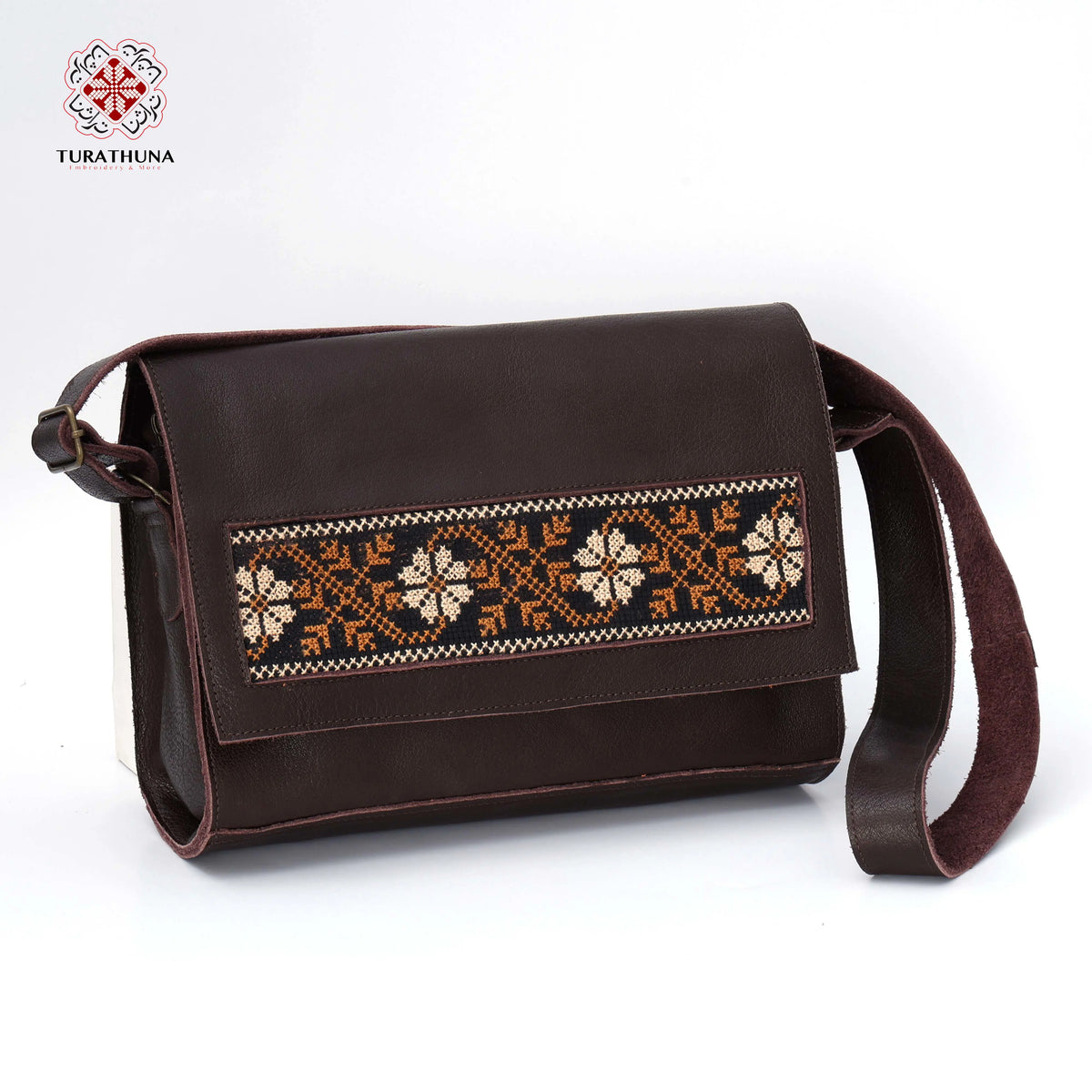 Brown Leather crossbody bag with Bedouin Embroidery