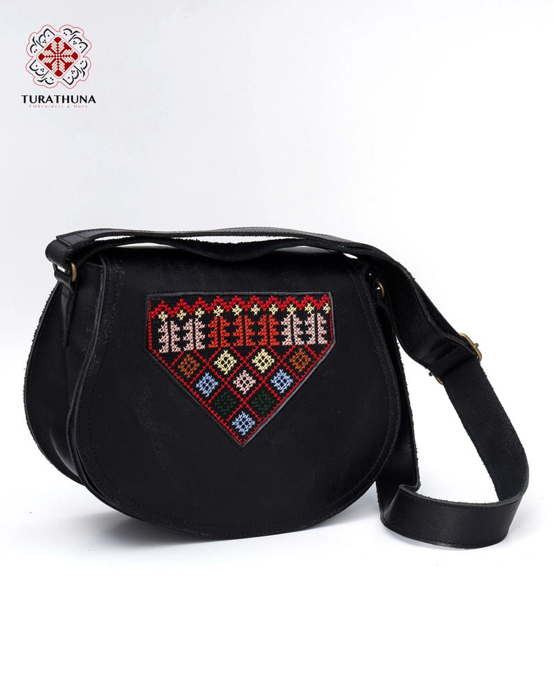 Black Leather Crossbody Bag with Multicolor Diamond-Lozenge Tatreez