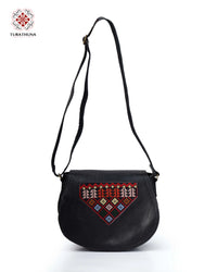 Black Handcrafted Leather Bag with Palestinian Embroidery