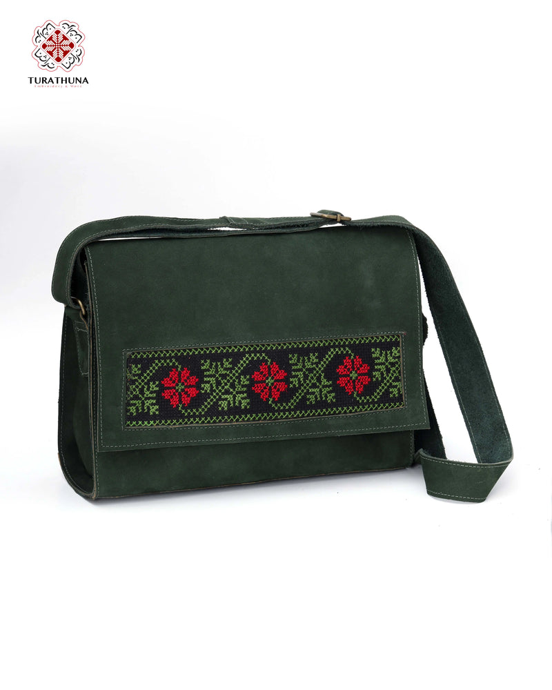 Green Leather Shoulder Bag with Red Rosette & Green Vine Tatreez