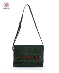 Elegant Green Leather crossbody bag with Palestinian Embroidery