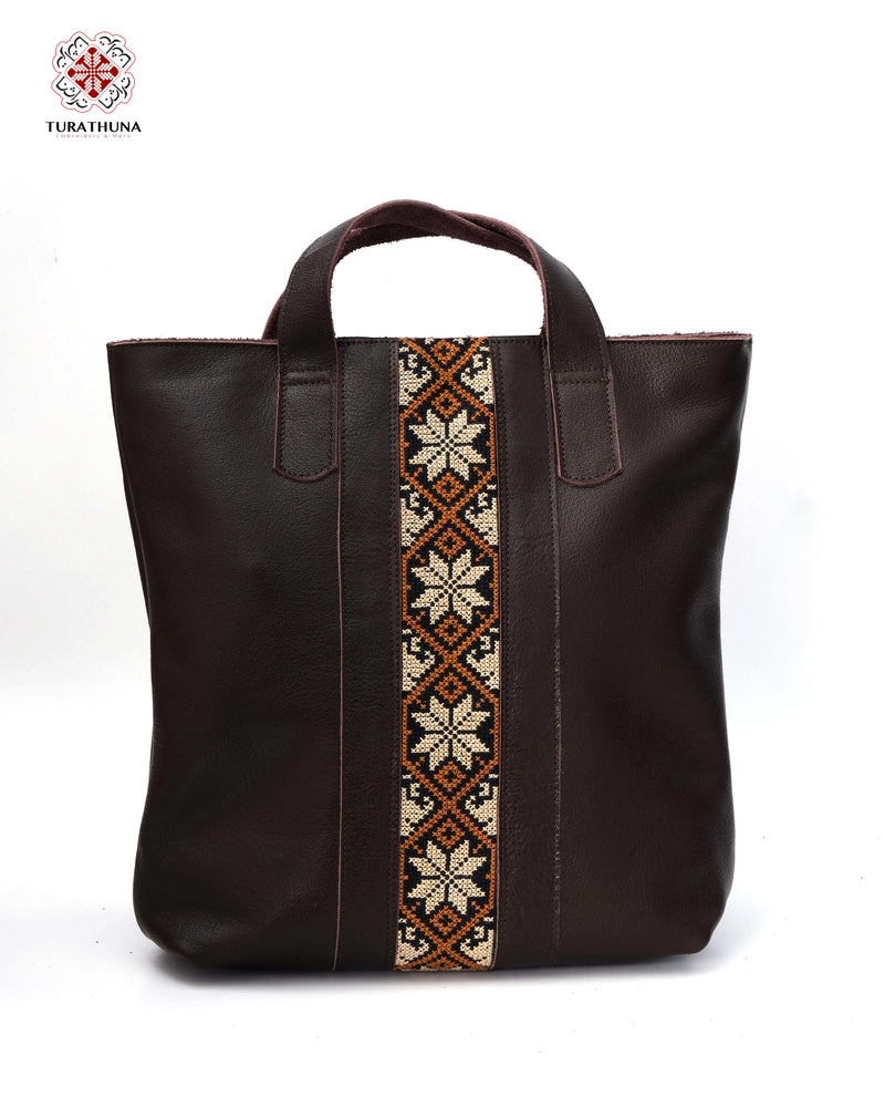 Brown Leather Tote Bag with Orange & Cream Eight-Point Star Tatreez