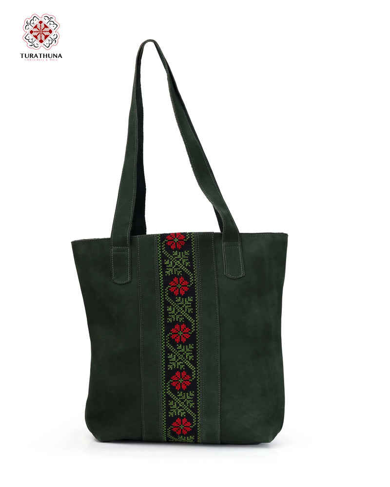 Green Leather Tote Bag with Red Floral & Green Vine Tatreez