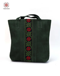 Green Leather Backpack with Palestinian Embroidery