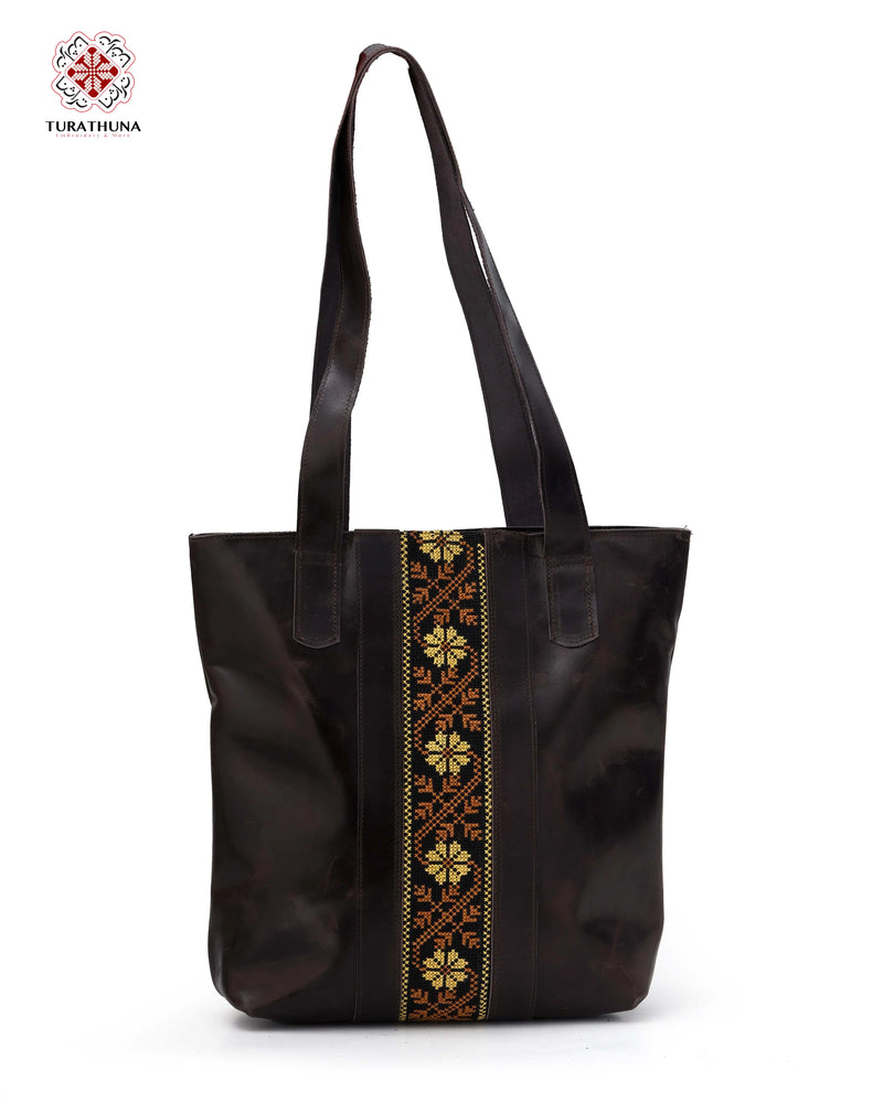 Brown Leather Tote Bag with Gold Eight-Point Star Tatreez