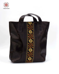 Brown Leather Backpack with Traditional Bedouin Embroidery