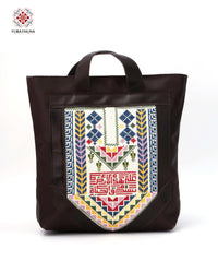 Brown Leather Shoulder & Back Bag with Embroidery