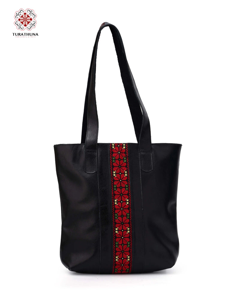 Black Leather Tote Bag with Red Rosette Vine Tatreez