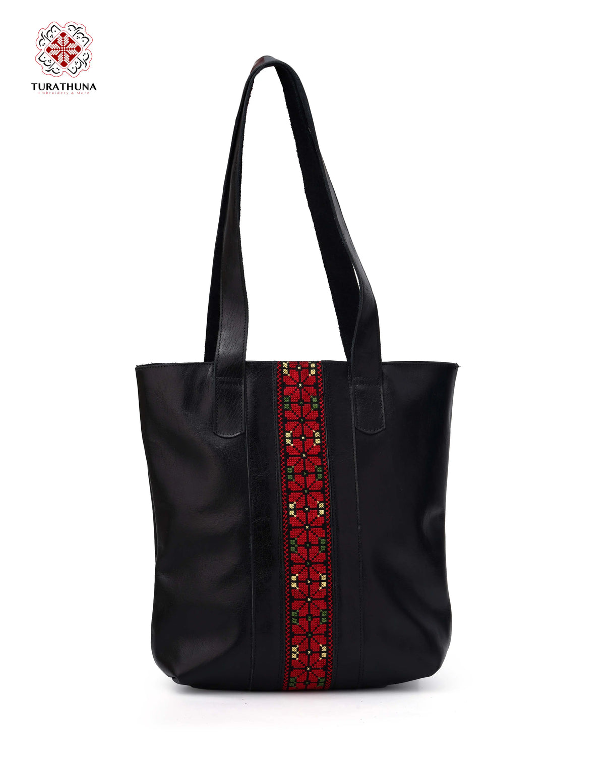 Black Leather Backpack with Palestinian Embroidery