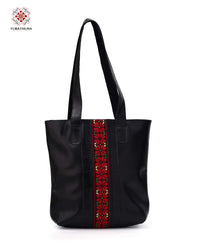 Black Leather Backpack with Palestinian Embroidery