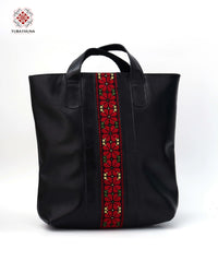 Black Leather Backpack with Palestinian Embroidery