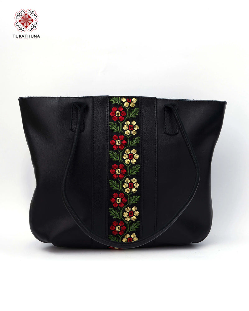 Black Leather Tote Bag with Red & Gold Daisy Tatreez
