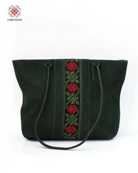 Green Leather Bag with Palestinian Cross-Stitch Embroidery