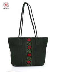 Green Leather Bag with Palestinian Cross-Stitch Embroidery