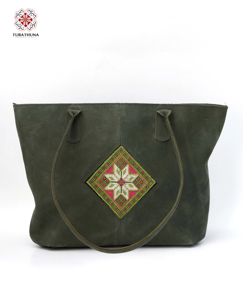 Green Leather Tote Bag with Pink & Green Eight-Point Star Tatreez