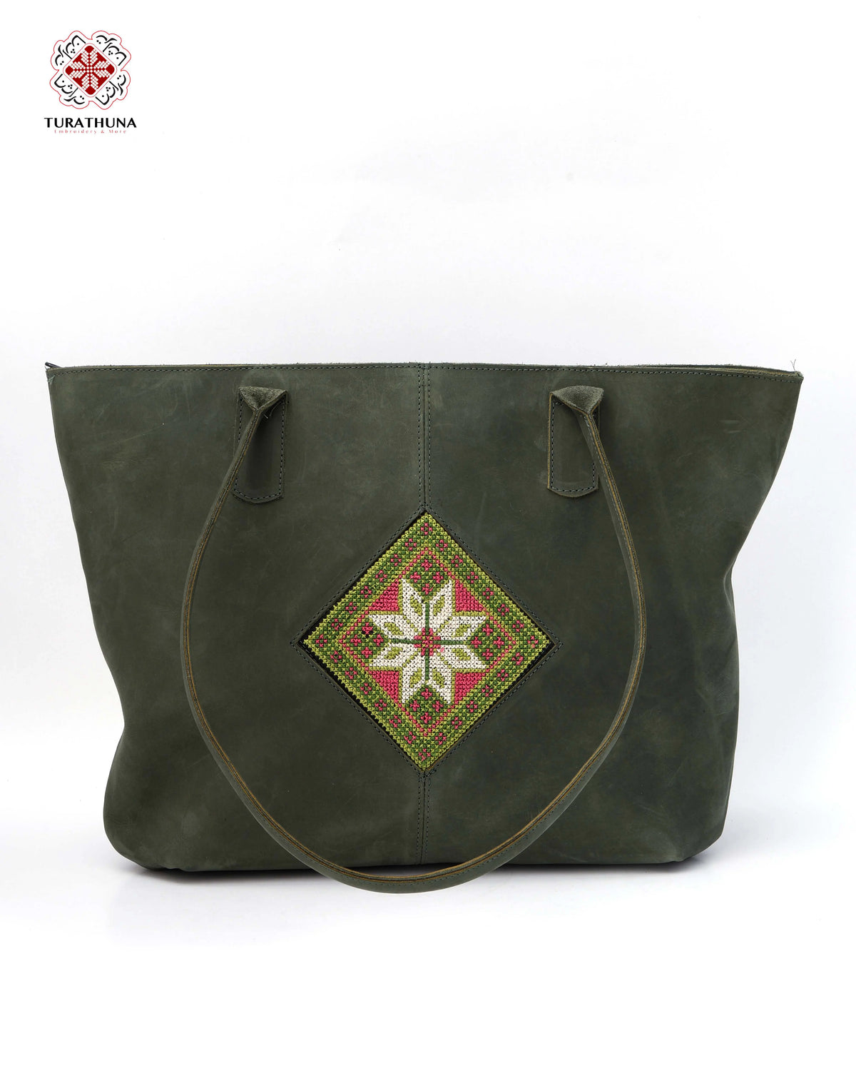 Green Leather Bag with Handcrafted Embroidery