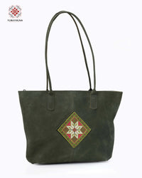 Green Leather Bag with Handcrafted Embroidery