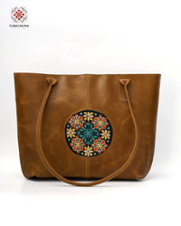 Honey Leather Tote Bag with Traditional Bedouin Embroidery