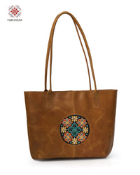 Honey Leather Tote Bag with Traditional Bedouin Embroidery
