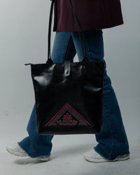 Black Leather Bag with Intricate Palestinian Embroidery