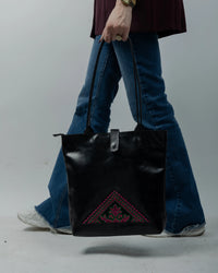 Black Leather Bag with Intricate Palestinian Embroidery