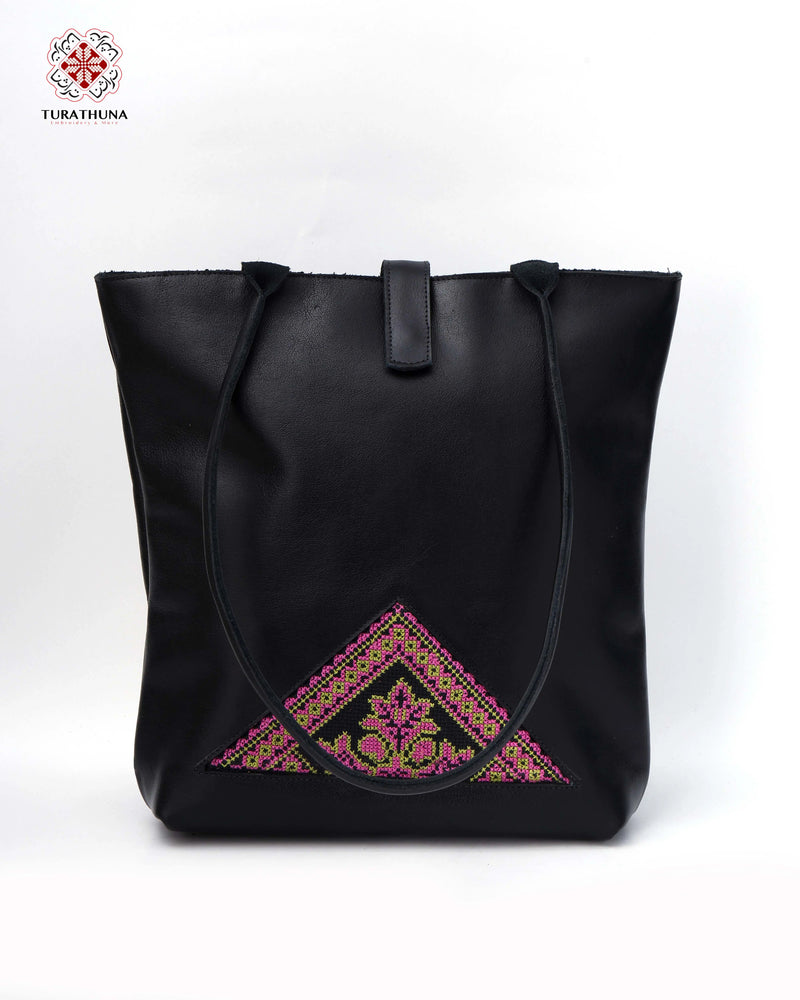 Black Leather Tote Bag with Magenta & Green Cypress-Tree Tatreez