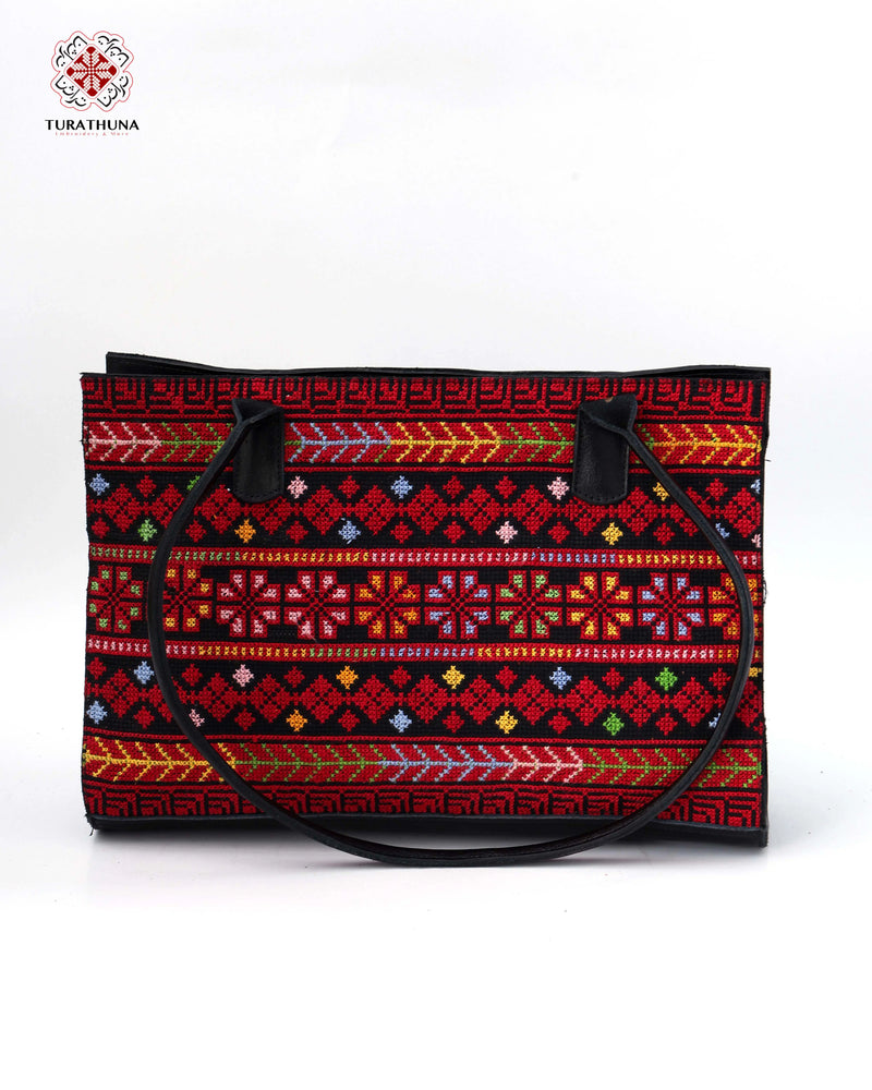 Black Leather Tote Bag with Red Multicolor Geometric-Bands Tatreez