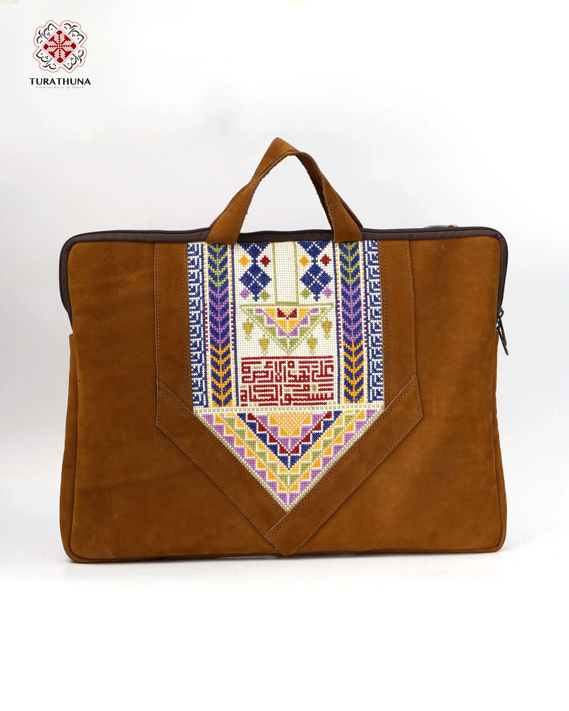 Honey Leather Laptop Bag with Blue & Red Kufic-Calligraphy Tatreez