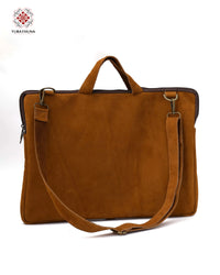 Honey Leather Laptop Bag with Palestinian Embroidery