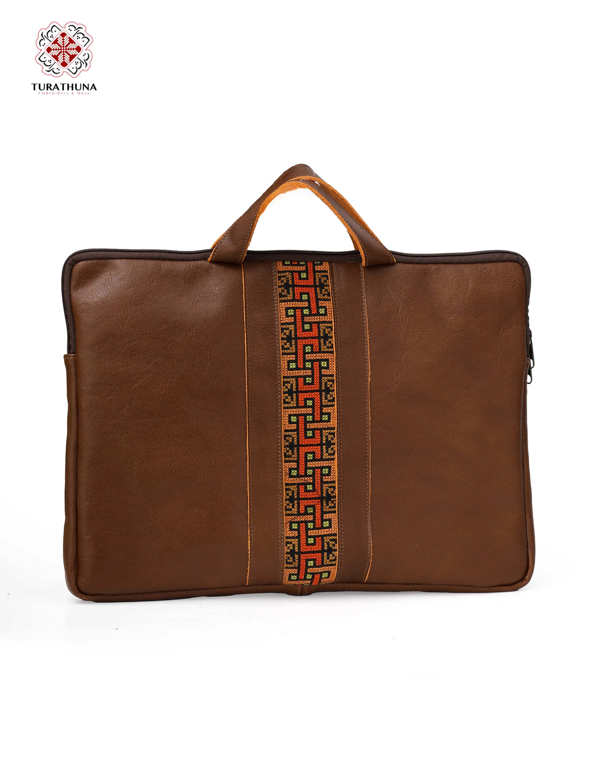 Elegant Honey Leather Laptop Bag with Bedouin Embroidery