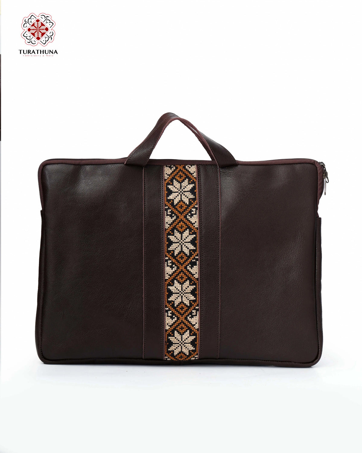 Distinguished Brown Leather Laptop Bag with Palestinian Embroidery