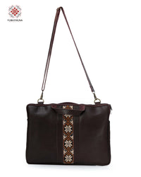 Distinguished Brown Leather Laptop Bag with Palestinian Embroidery