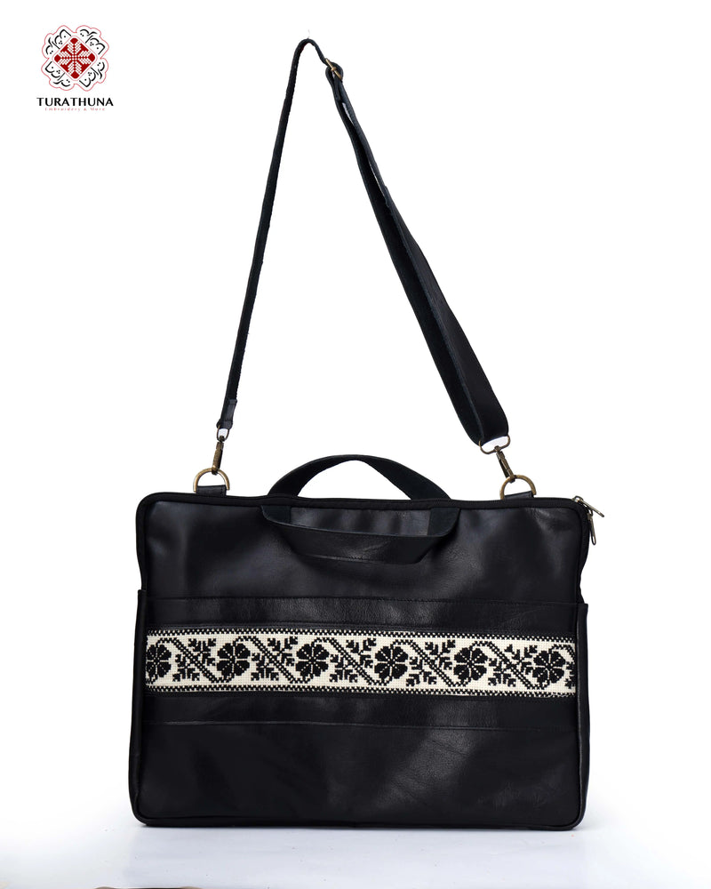 Black Leather Laptop Bag with Black & Cream Floral-Rosette Tatreez