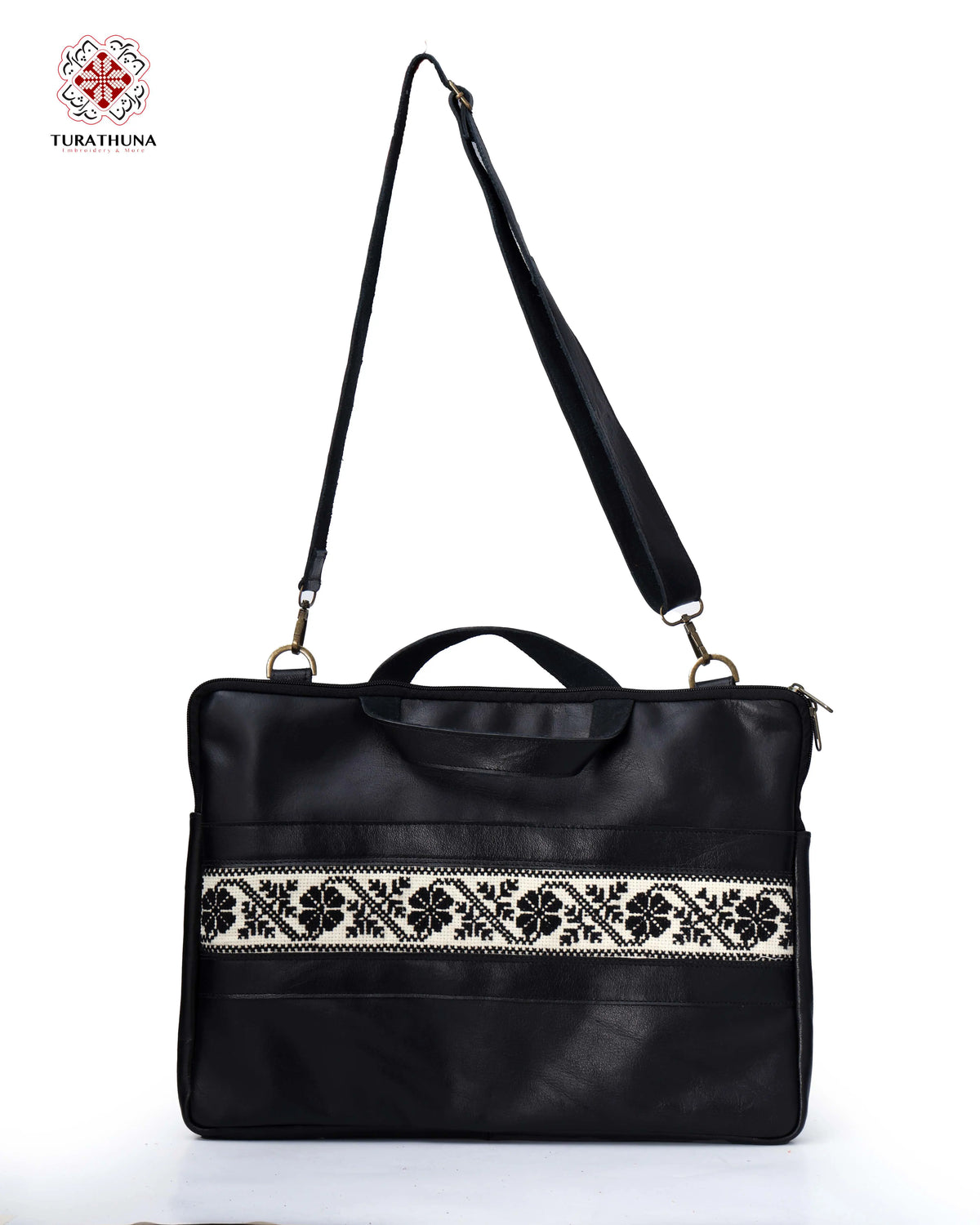 Black Leather Embroidered Laptop Bag